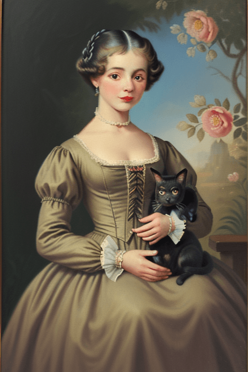 AI generated: Vintage oil painting style, a cat wearing 18th century style clothingm,flowers
