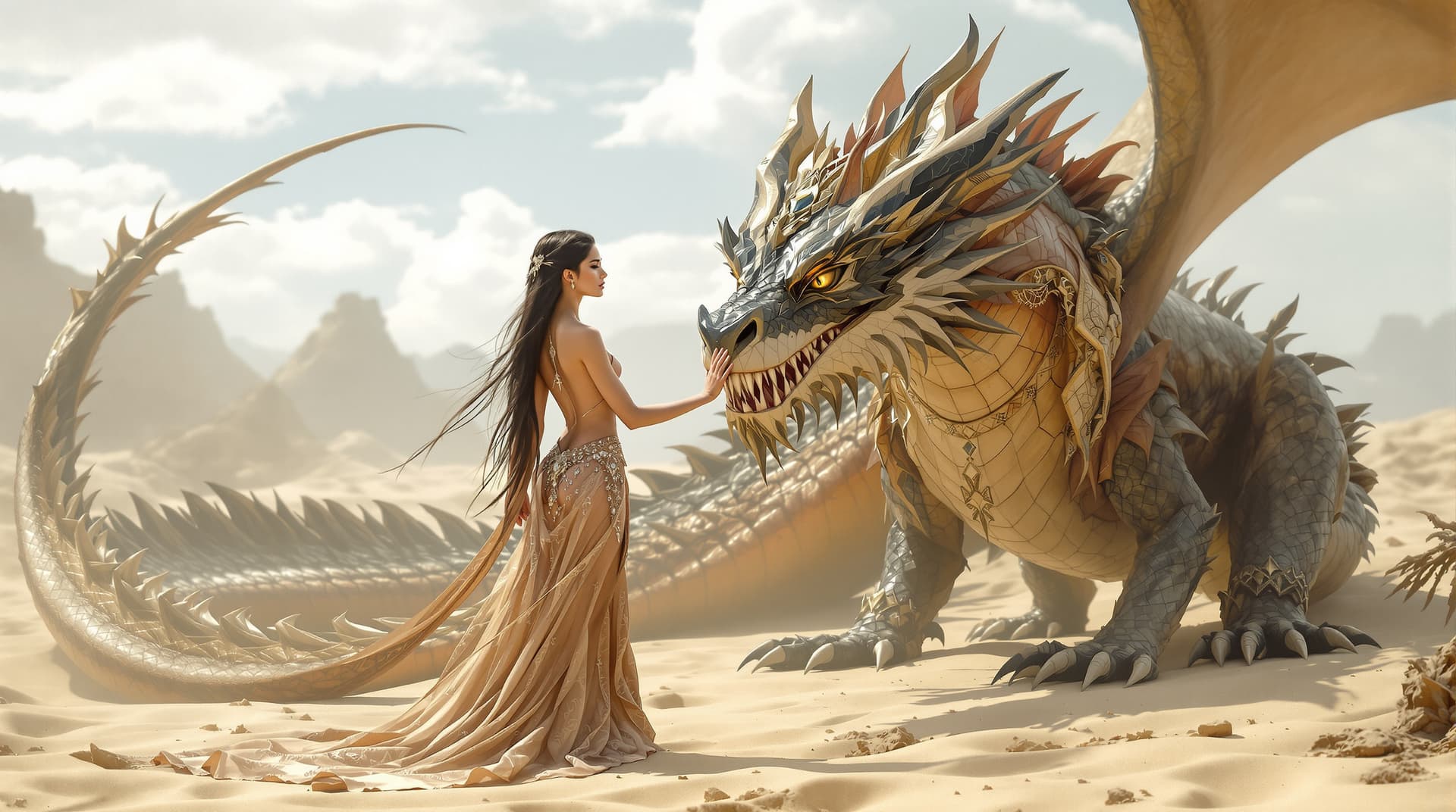 AI generated: a full body view of a stunning woman princess with minimal wearing, barefoot on sandy floor, and int...