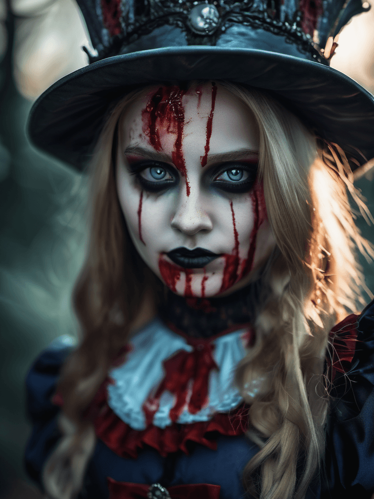 AI generated: a girl dressed as evil alice in wonderland, scary, creepy, looking at viewer, bloody, photography, d...