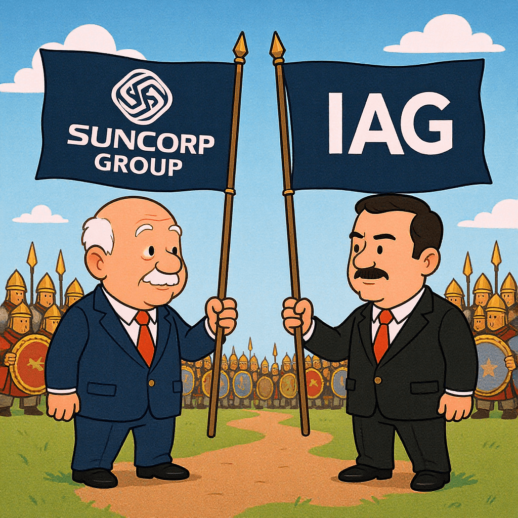 AI generated: A cartoon character of the CEO of SUncorp Group versus the CEO of IAG , facing each other 
on a bat...