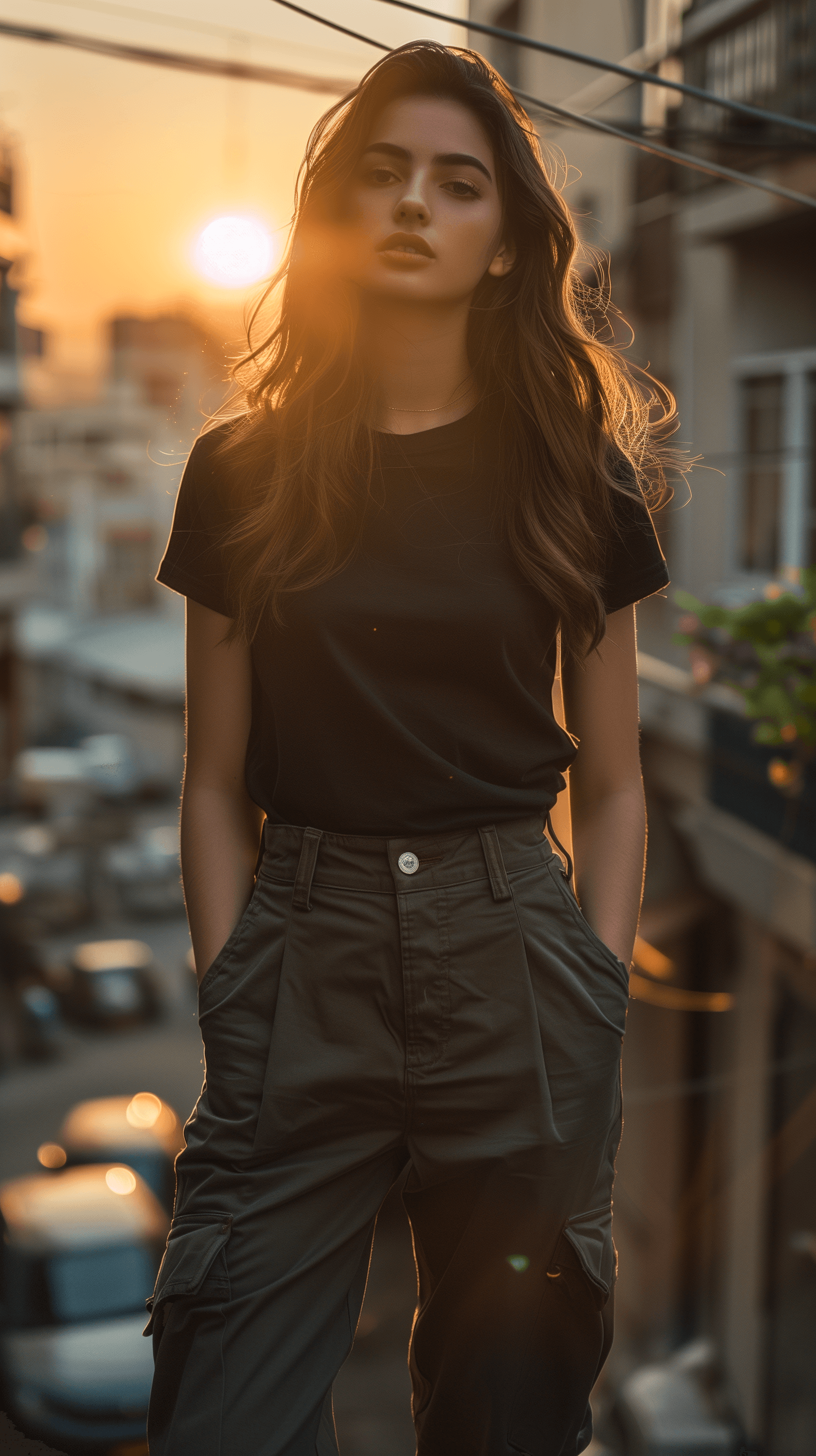 AI generated: photography, front view, dynamic range, female model, upper-body, black T-shirt, dark khaki cargo pa...