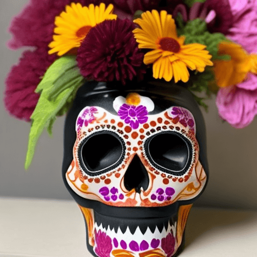 AI generated: burgundy vase, colorful marigolds, black sugar skull, centerpiece 