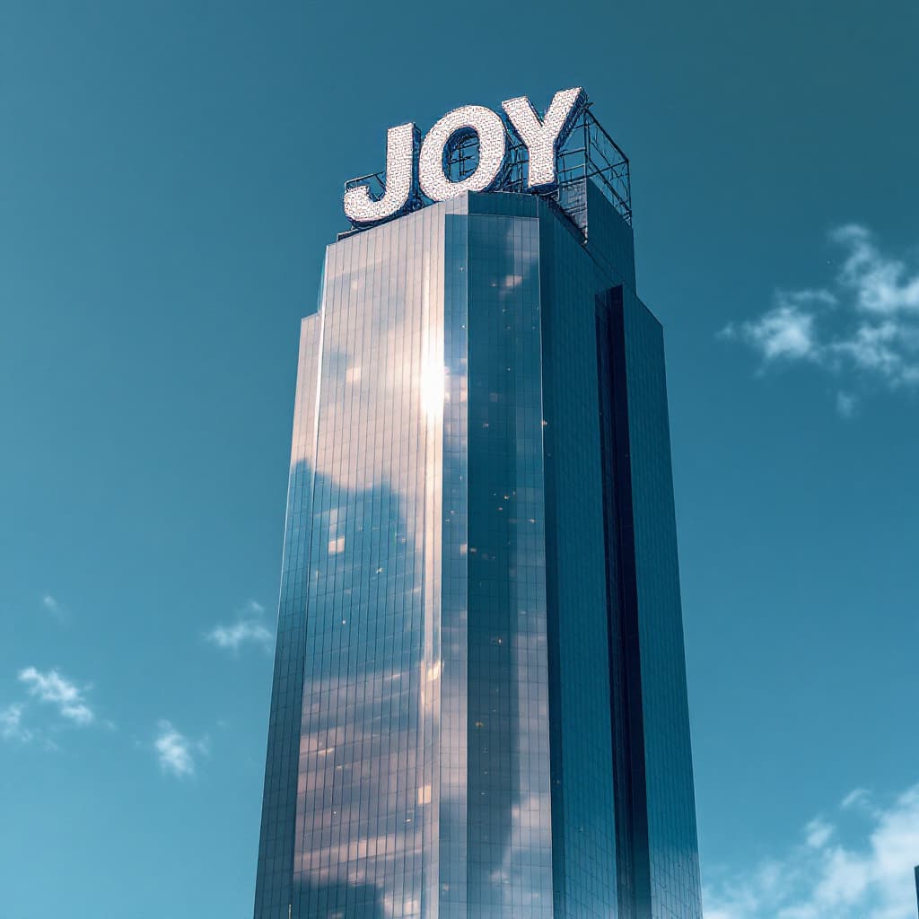 AI generated: An image of a tall skyscraper with the words JOY painted in capital letters at its top. The photo is...