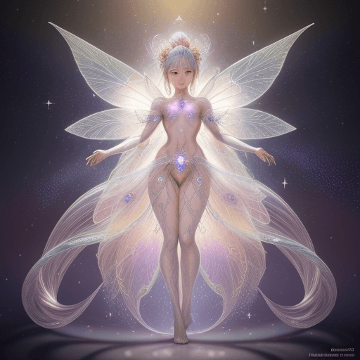 AI generated: Full body, Small highly detailed incorporeal fairy made of silvery light, Bokeh pollen specs multico...