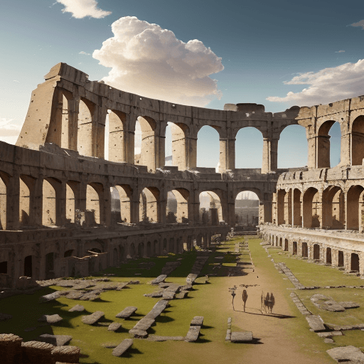 AI generated: Documentary Photography Sweeping view of a fashion show outside Rome's ancient ruins, wide-angle, ti...