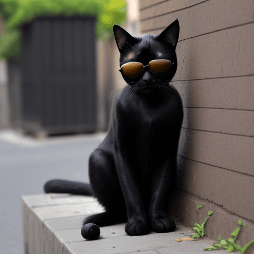 AI generated: Black cat defecating and wearing sunglasses, sitting on a wall