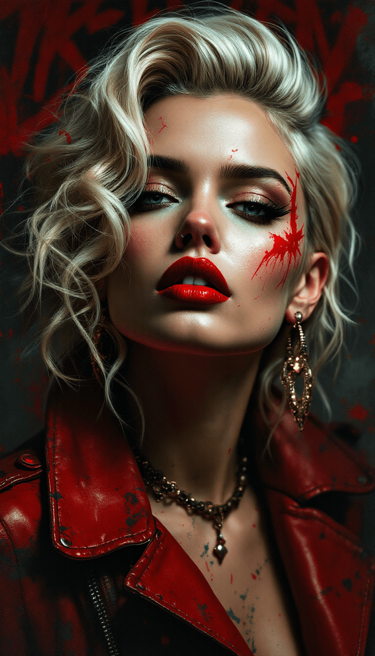 AI generated: A striking, ultra-detailed close-up digital portrait of a rebellious woman with retro-inspired plati...