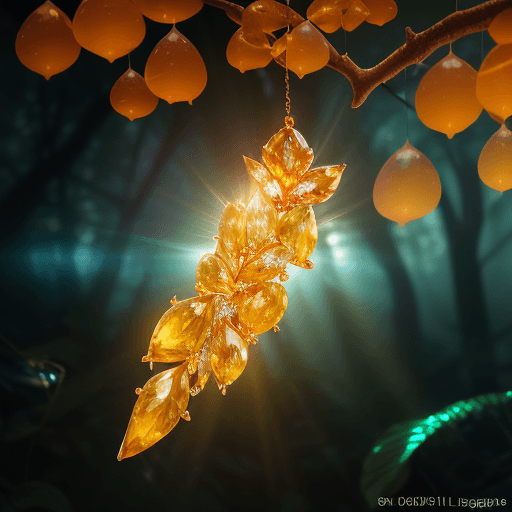 AI generated: ((delicate large orange)), made of light yellow diamond suspended on a branch in a beautiful sunrise...