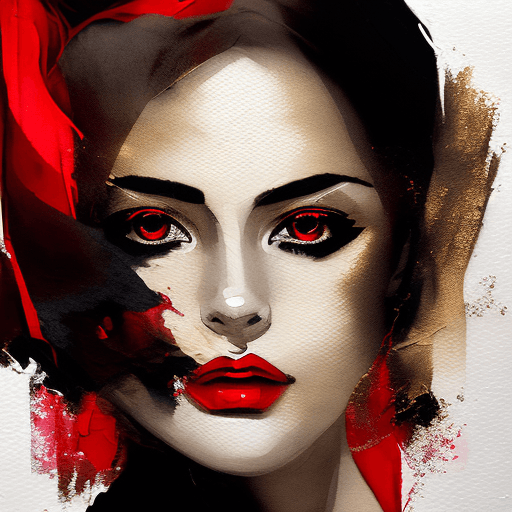 AI generated: breathtaking portrait of a gorgeous girl, red scarf, dark gold and black, gossamer fabrics, jagged e...