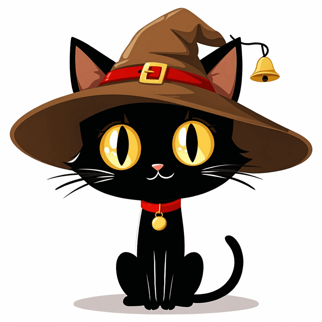 AI generated: Cute cartoon black cat with large golden eyes and pointed ears wearing the Harry Potter Sorting Hat....