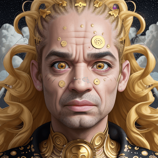 AI generated: Mistic genius in trance, hair made entirely of golden stickers, mistery  expresive eyes, small nose ...