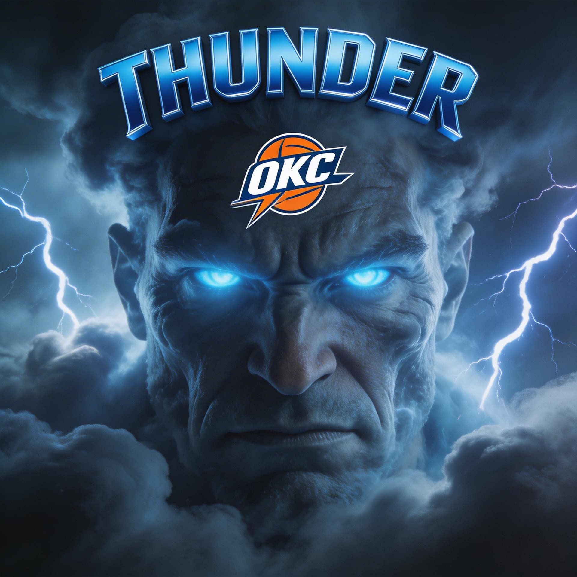AI generated: At the center of the image is the OKC Thunder logo, positioned over the face of a powerful, human-li...