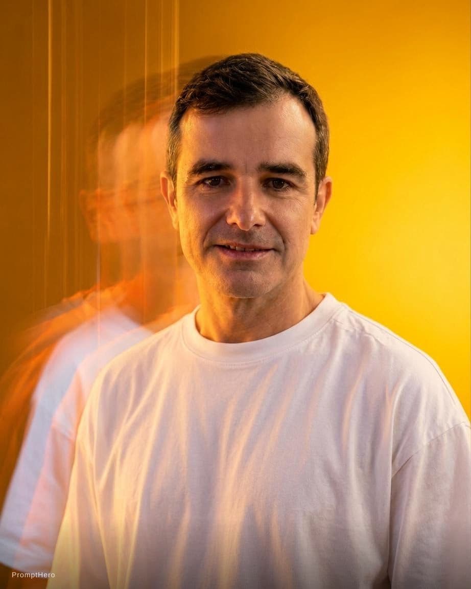 AI generated: O fundo em azul alterar a cor para amarelo, a tshirt de cor branca 

