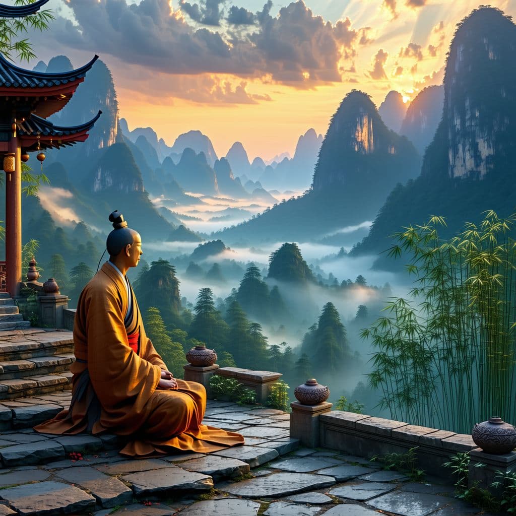 AI generated: "Envision an awe-inspiring view of the Harum Temple, surrounded by majestic mountains and a serene v...