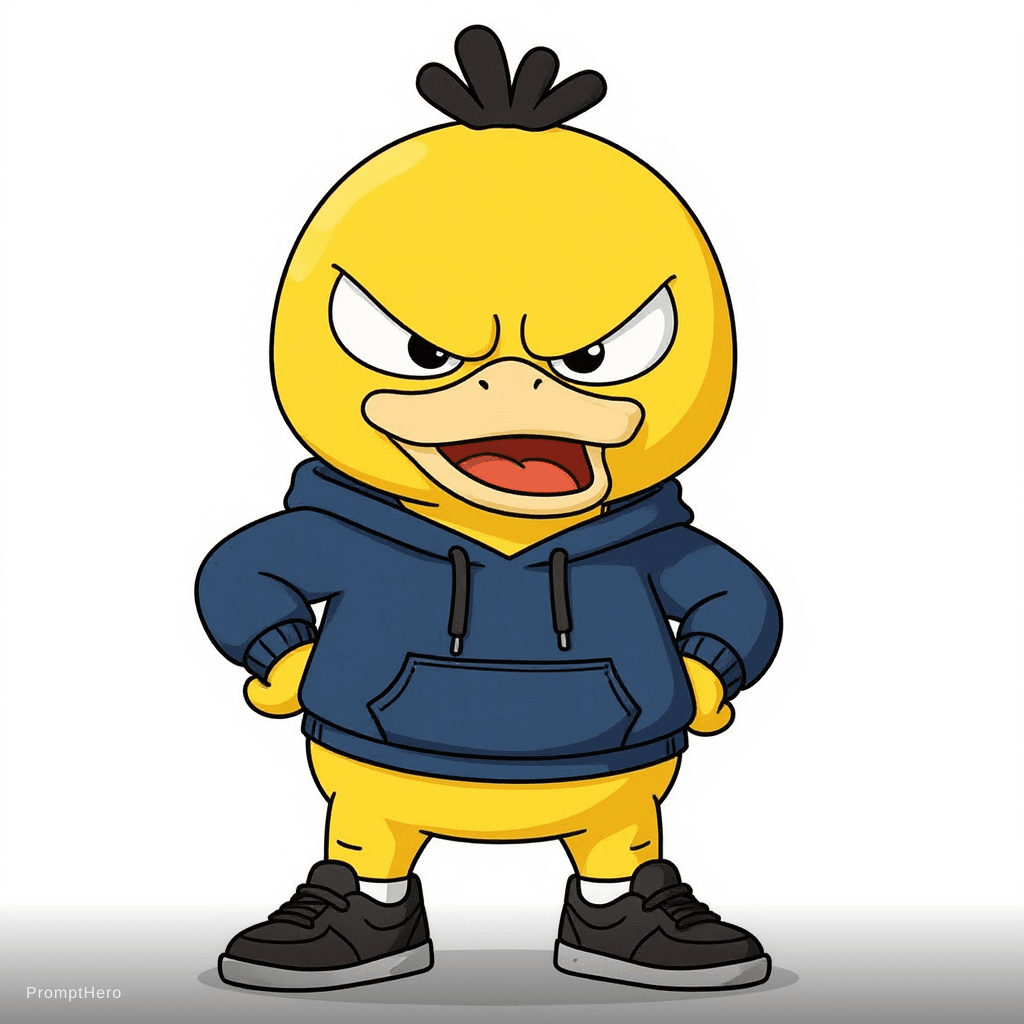 AI generated: Classic 2D hand-drawn animation style, yellow duck character, wearing modern streetwear : hoodie and...