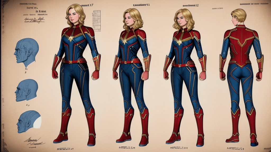 AI generated: blueprints of a Captain Marvel, patent illustration, Captain Marvel weapons, Captain Marvel armour, ...