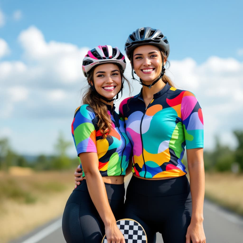 AI generated:  two female, very fit body, wearing a colorful bicycle jersey, smiling kindly at the camera wearing ...