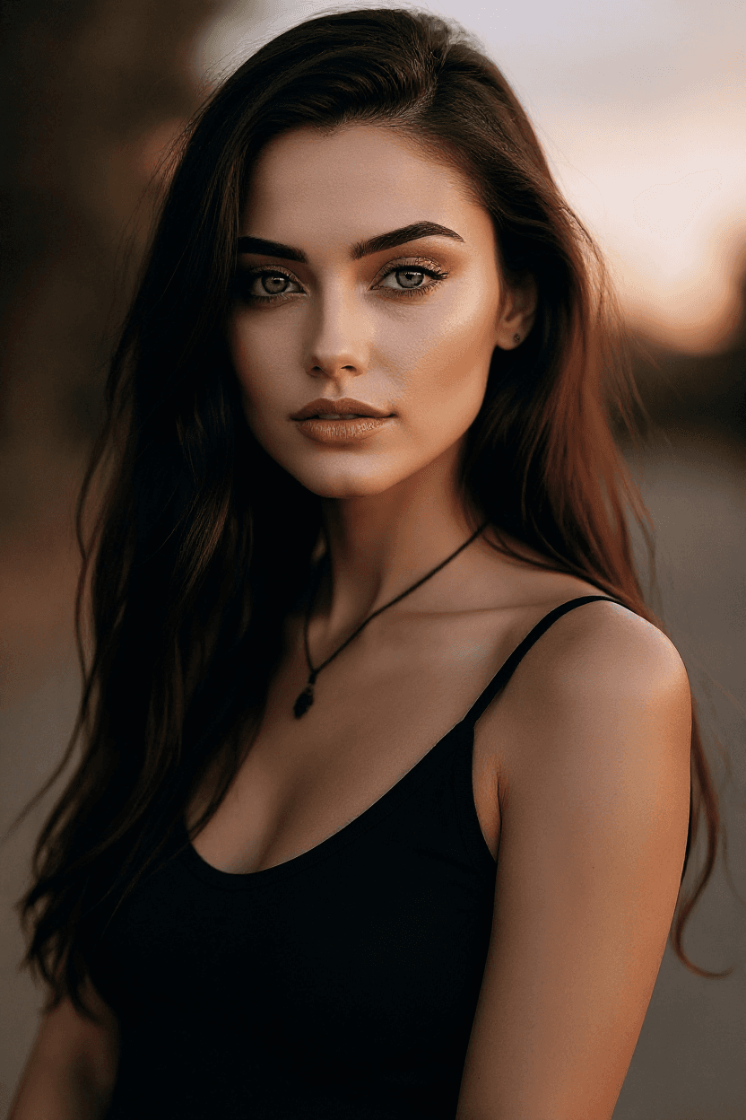 AI generated: "Warm, soft lighting, slightly dark tones, dreamy atmosphere. Portrait of a supermodel with long wav...