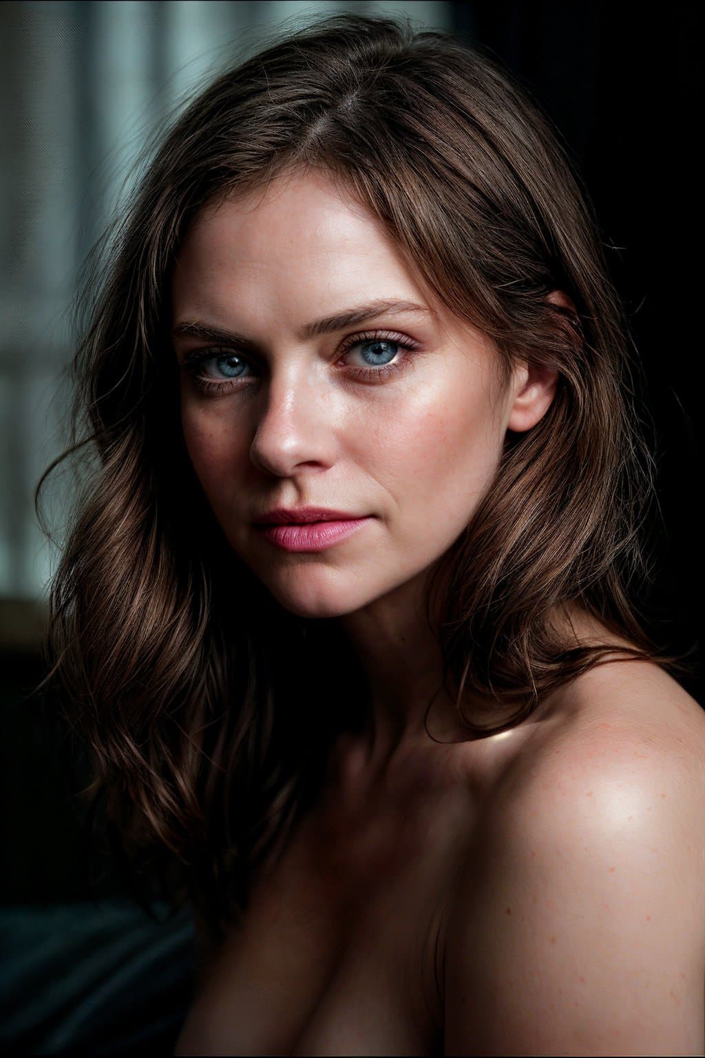 AI generated: colors, sharp light blue eyes, A soul-stirring close-up portrait of a woman, grins, her grace enhanc...
