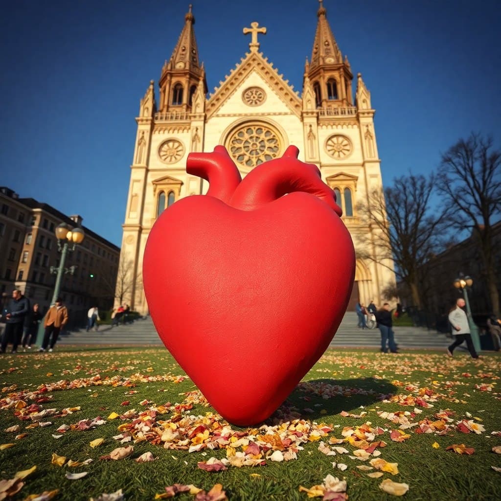 AI generated: Hazme un corazón pisoteado en frente de una catedral. Tiene que verse un CORAZÓN real, de persona, e...