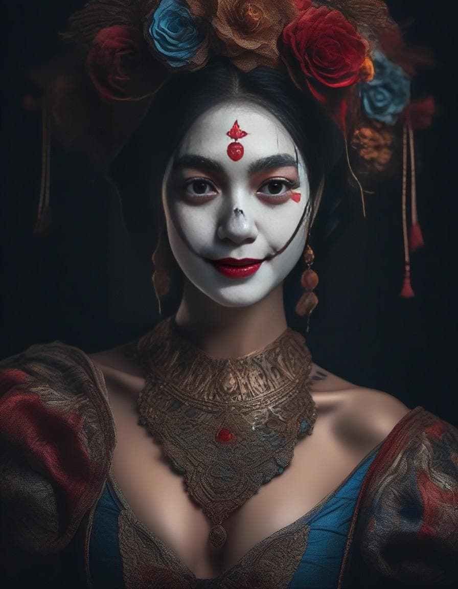 AI generated: A visual stunning portrait of a woman with insane clown makeup | centered| highly detailed| breathta...