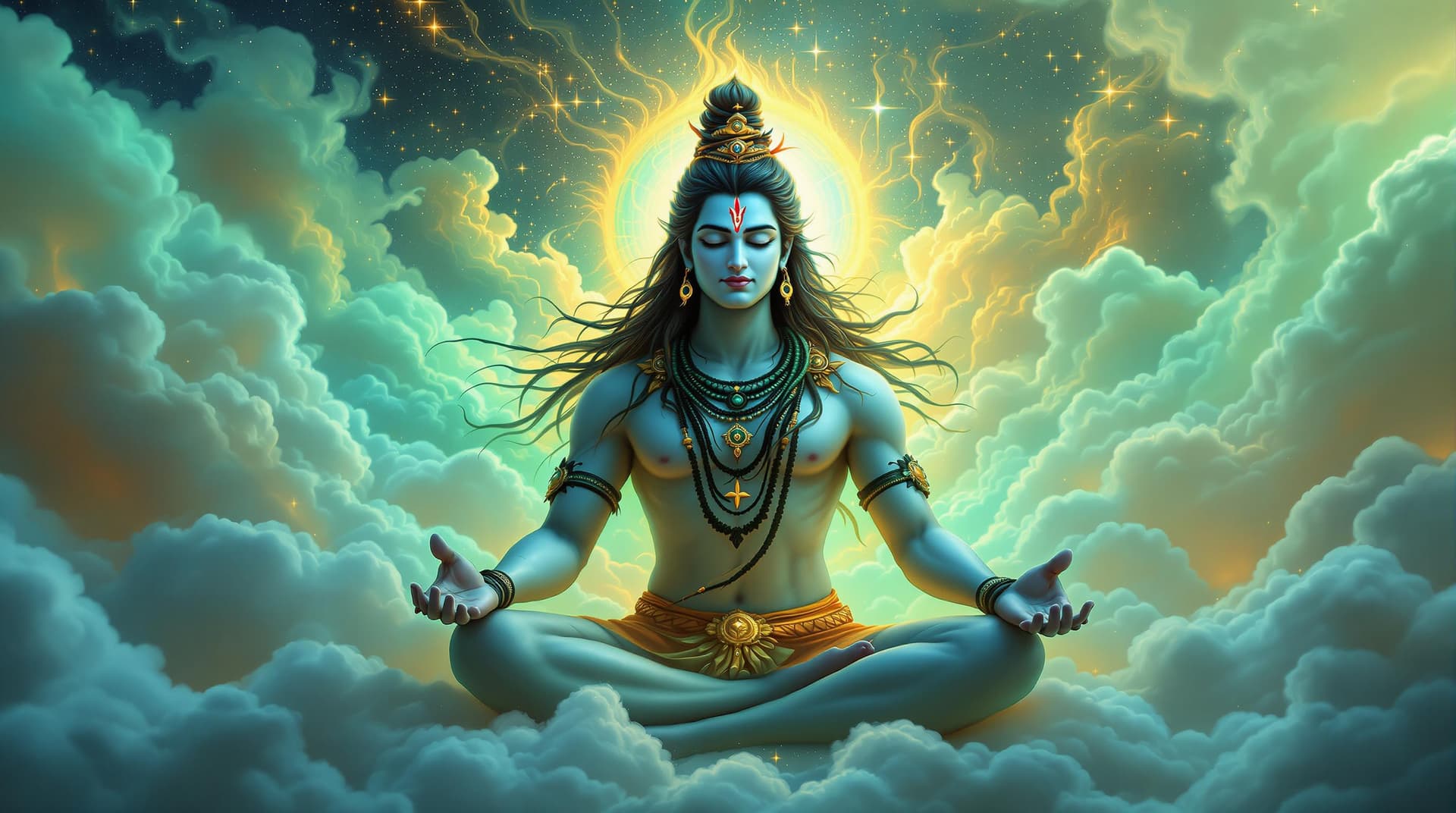 AI generated: "Generate a dreamlike image where Lord Shiva is surrounded by swirling pastel clouds, glowing softly...