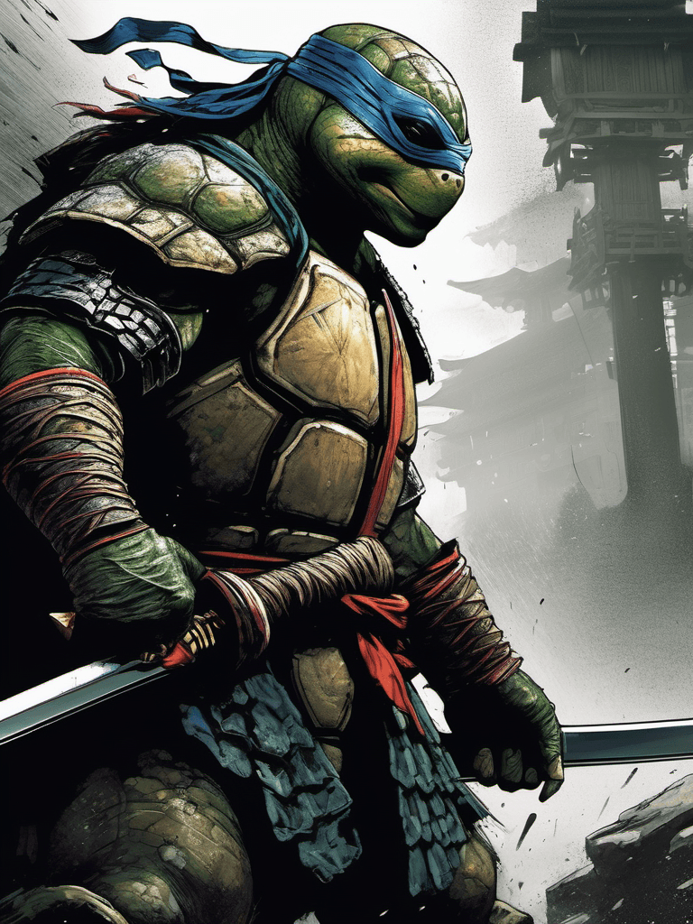 AI generated: A broken humanoid ninja turtle in battle, samurai armor, dark fantasy illustration, dark tones, epic...