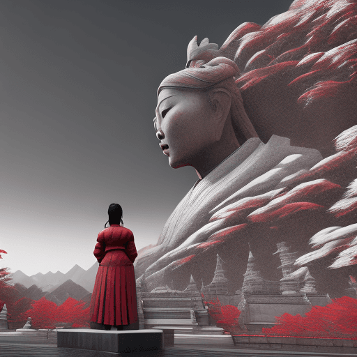 AI generated: a large statue with a woman looking at it, in the style of unreal engine 5, northern china's terrain...