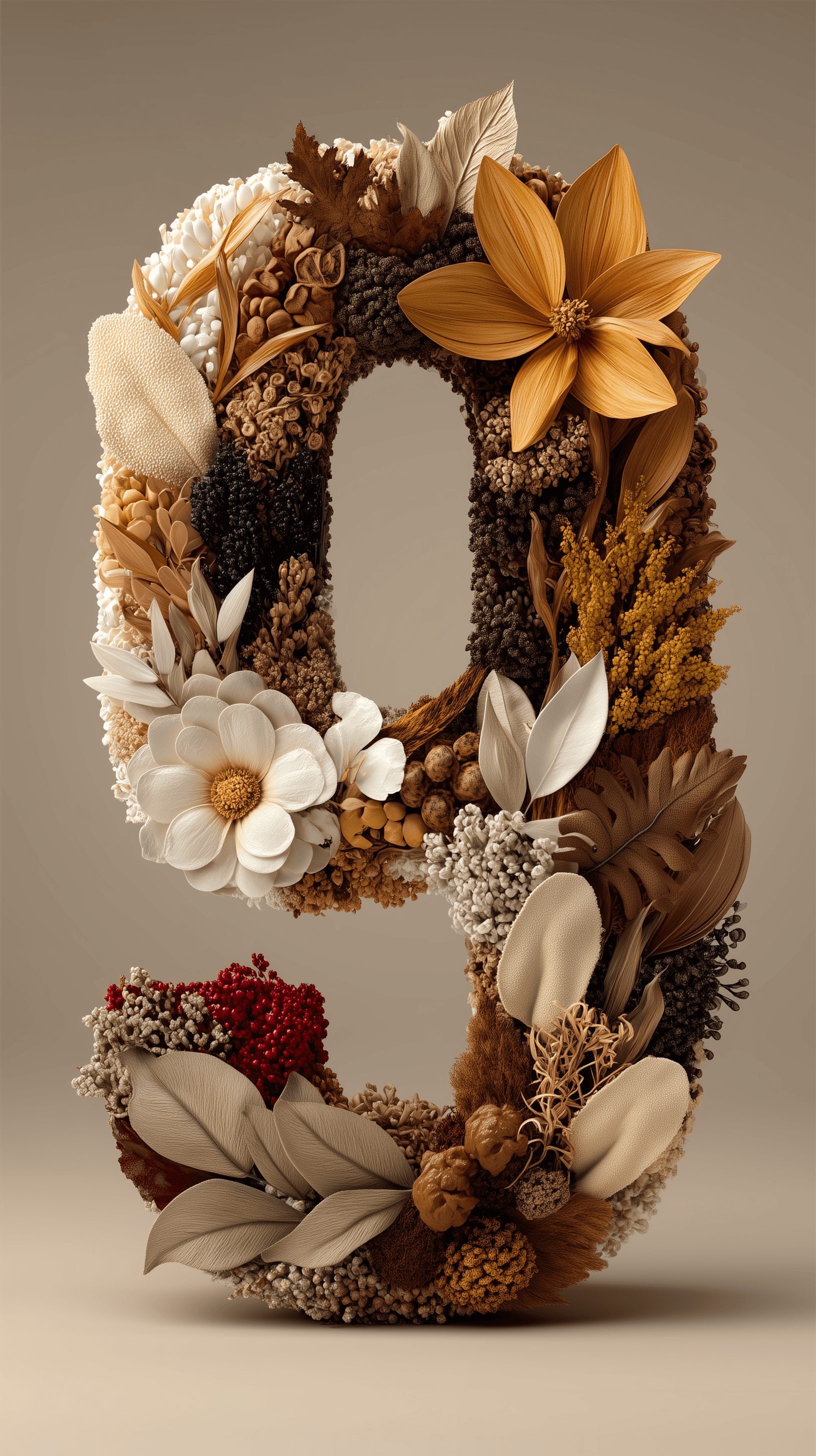 AI generated: rendering, front shot, letter made of leaves "9", various warm colors leaves, soft beige tone backdr...