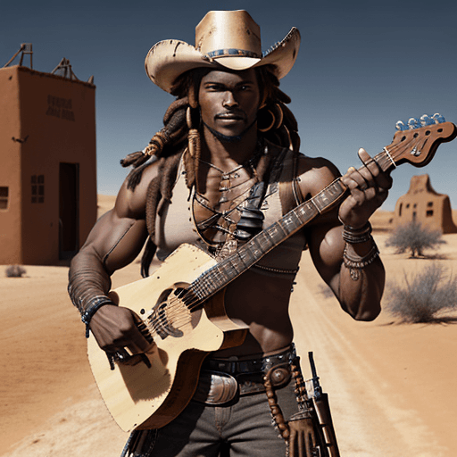 AI generated: black muscular gunslinger with two guns in his hands, in desert town, brown dreadlocks, 8k, guitare ...