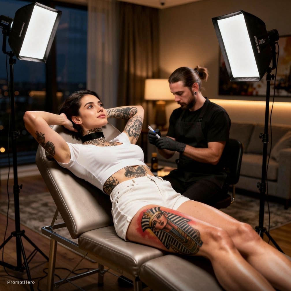 AI generated: A hyper-realistic cinematic 8K HDR lifestyle photo of a private home tattoo session in a stylish mod...