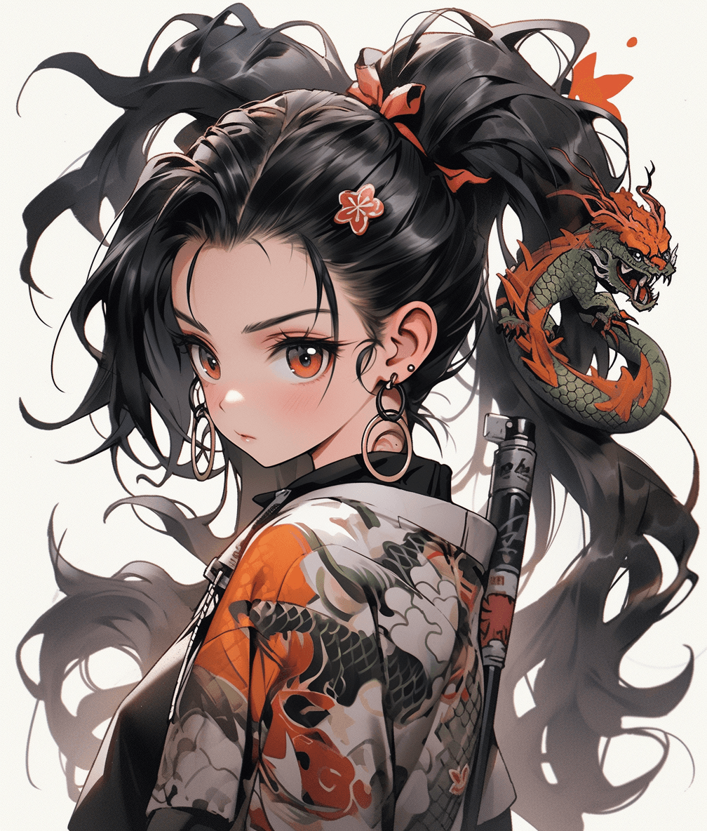 AI generated: a dark haired girl dressed in an asian style, in the style of subtle ink application, appropriation ...