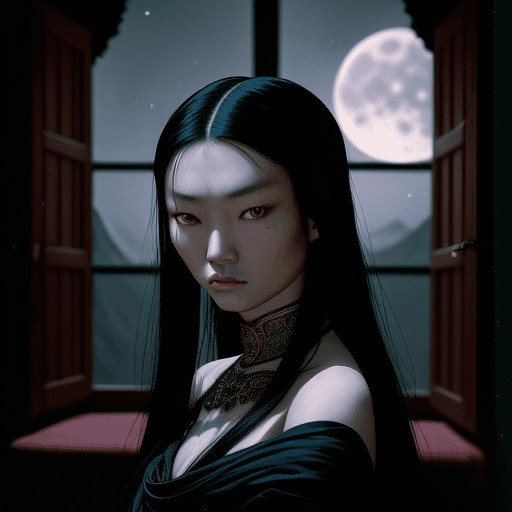 AI generated: analog color film photograph of a Mongolian woman wearing very low cut designer clothing, her long b...