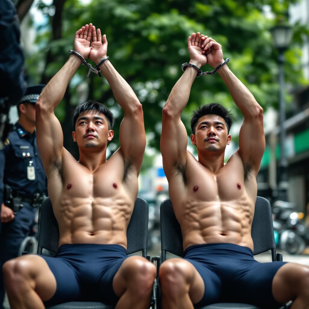 AI generated: Two male Chinese criminals strong  wearing compressive cycling shorts in light navy color in day tim...