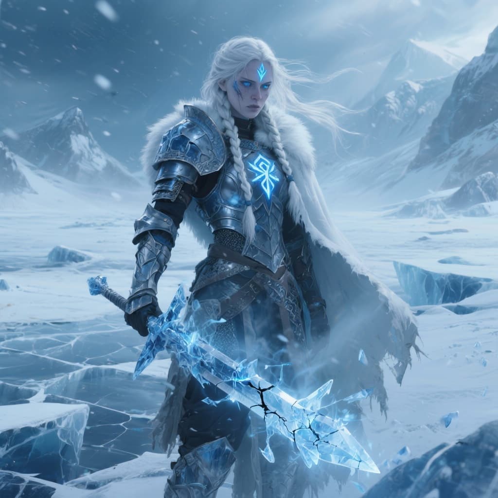 AI generated: A cinematic digital artwork featuring a resilient, female frost warrior in a resolute yet weary, bat...