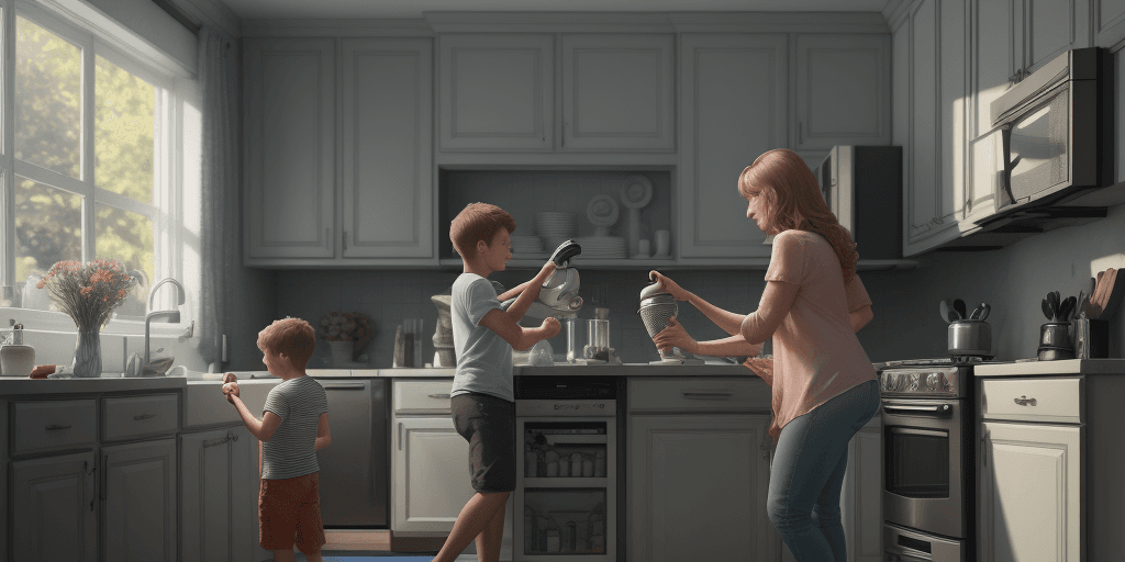 AI generated: A mother using a blender in the kitchen while her son watches television(TV) , cinematic, hyper real...