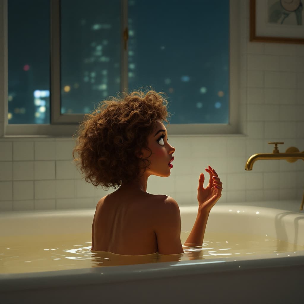 AI generated: A detailed digital illustration in the style of Dimitry Roulland, featuring a woman in a bathtub, fa...