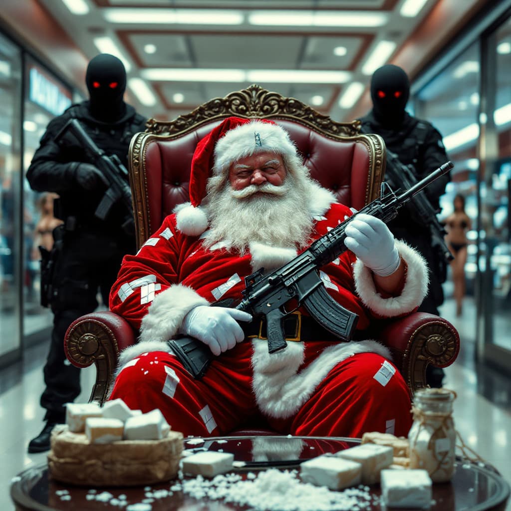 AI generated: A fat Santa clause holding an ar 15 with white duct tape square packages repackaged cocaine at his f...