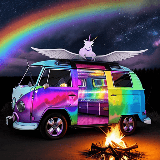 AI generated: rainbow VW bus with unicorn wings in front of campfire under stars