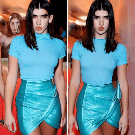 AI generated: Dua Lipa face, huge boobs, massive round breasts, tight shirt, erect nipples