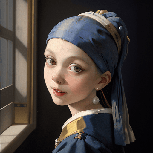 AI generated: girl with pearl earring painting by Vermeer, in the style of appropriation artist, strong facial exp...