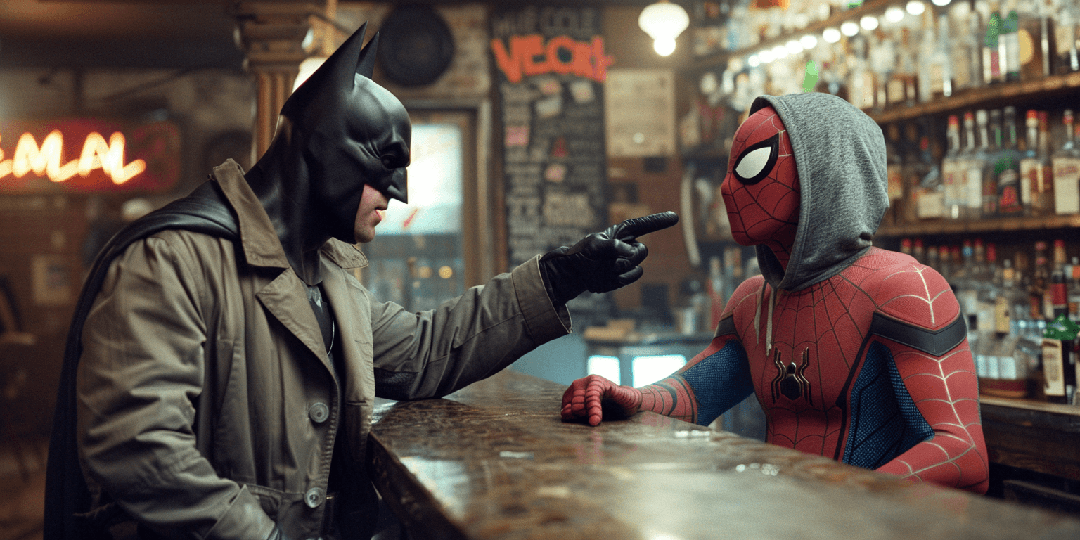 AI generated: batman and spiderman are sitting at a bar. Batman is on the left waering a khaki peacoat. Spiderman ...