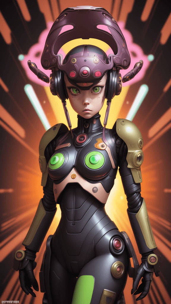 AI generated: in a funky background portrait of little Android woman. Prominent eyes, wearing complex army uniform...