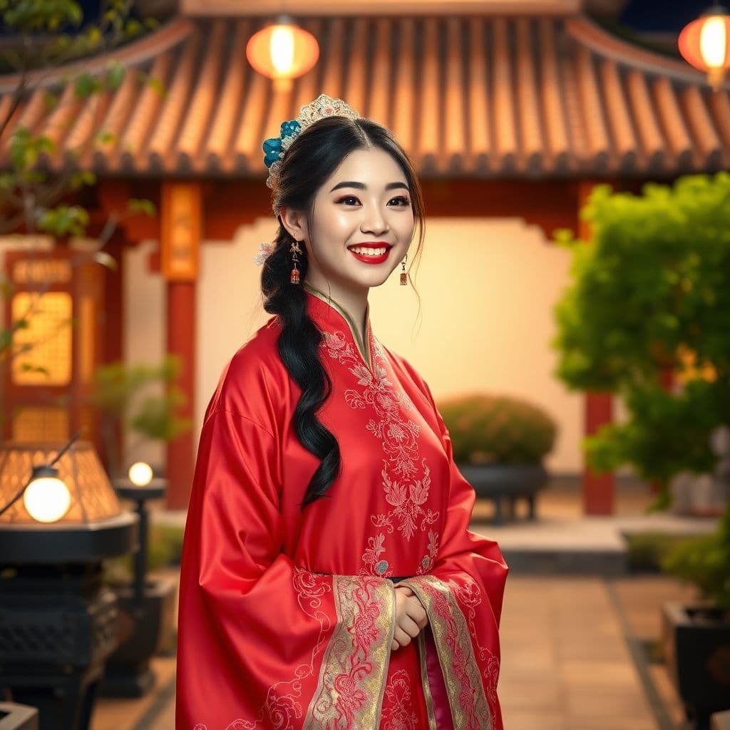 AI generated: a young chinese woman in hanfu smiling playfully. She is standing in a traditional chineses garden. ...