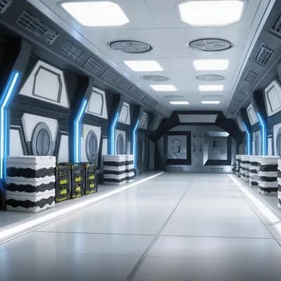 AI generated video: Slow cinematic first-person rotational camera movement inside a futuristic lunar-base corridor junct...