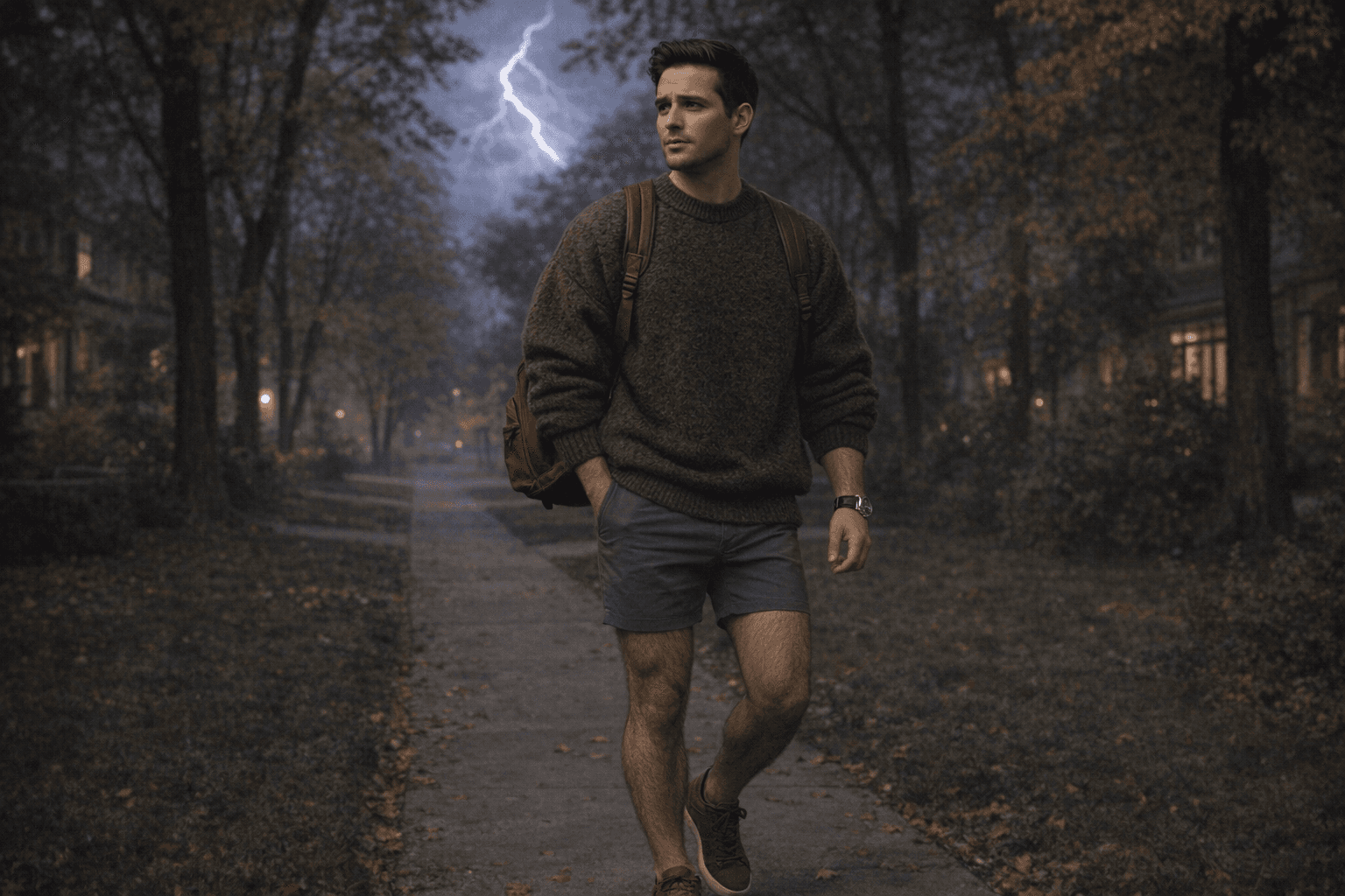 AI generated: In a cold night in the beginning of Autumn. 
The model is walking on the sidewalk in a very nice nei...
