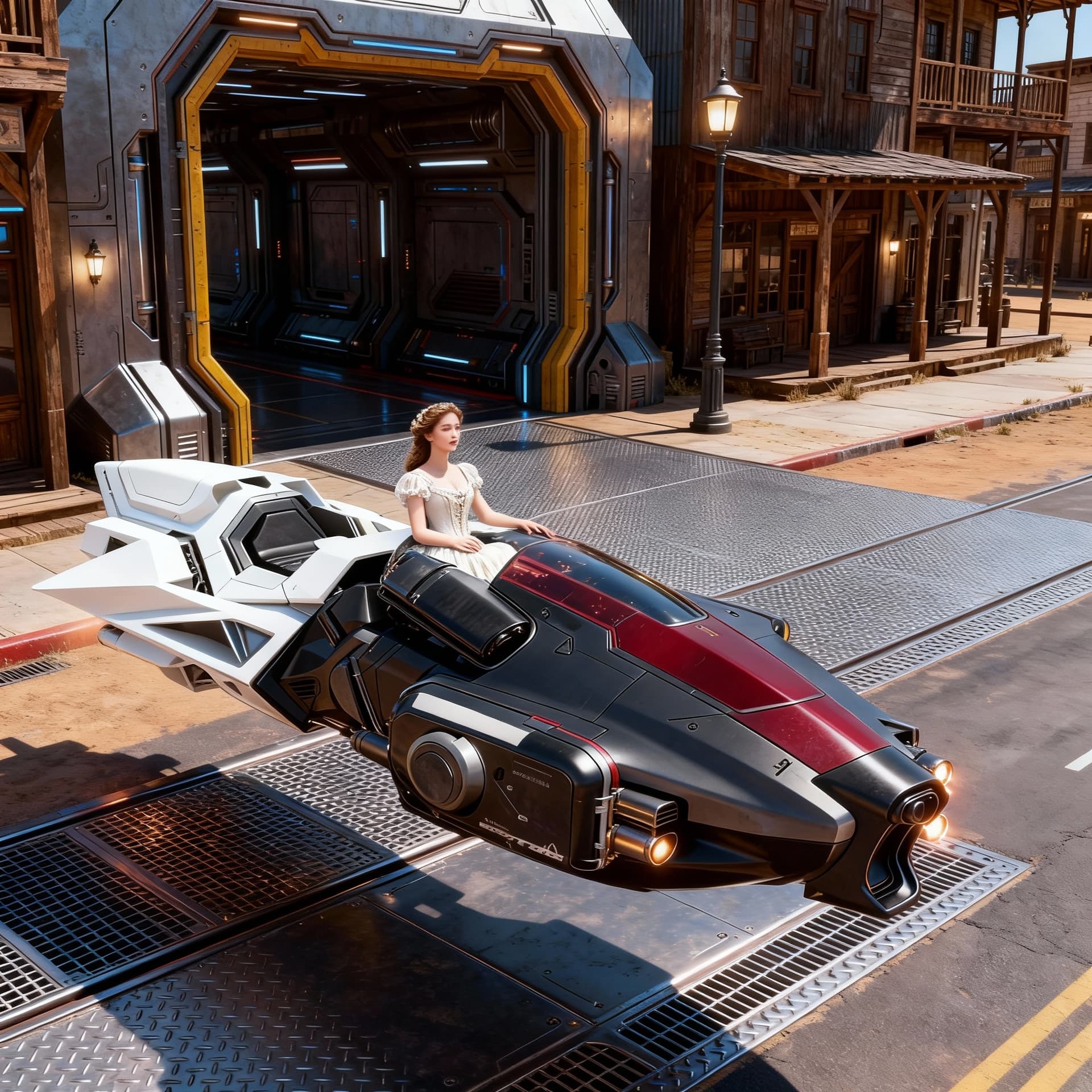 AI generated: Create a sleek, futuristic land speeder that can float across the rough terrain of the Old West. Unr...