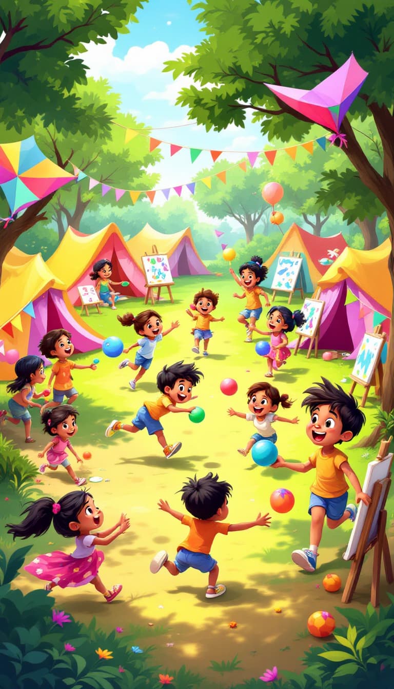 AI generated: "A lively summer camp scene featuring happy Indian kids aged 5-8 years, playing joyfully in an outdo...
