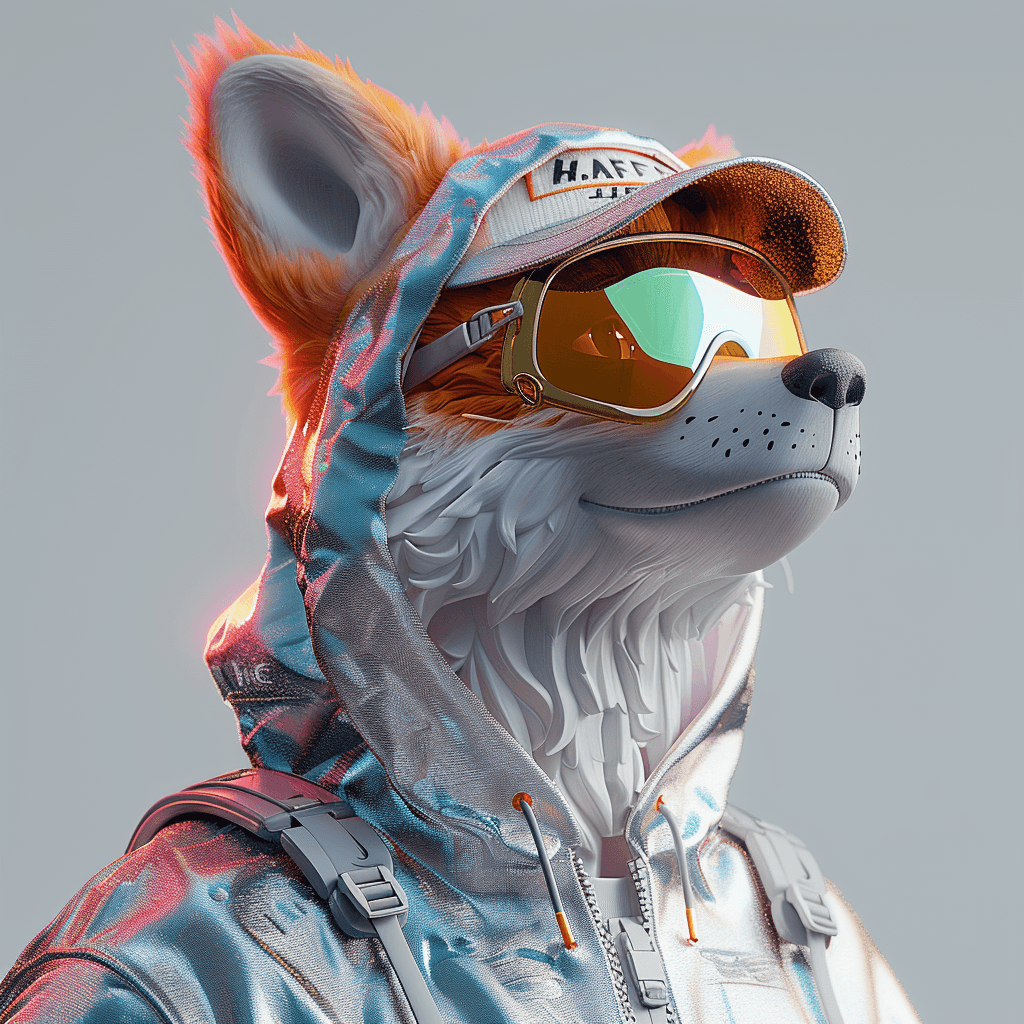 AI generated: 
3D cartoon Fox Head with Human Body, Wearing Iridescent Holographic Liquid Texture & Translucent M...