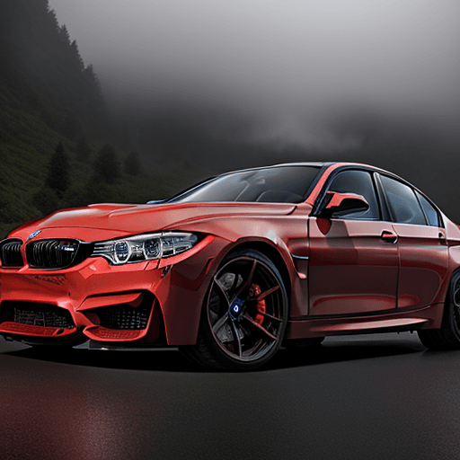 AI generated: High resolution, 2016 bmw m3, candy red paint,custom,mountain road, foggy

